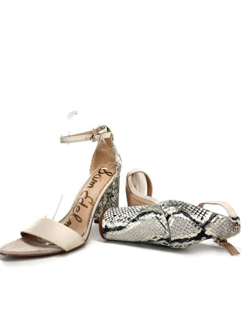 Sam Edelman Yaro Linen Black Grey Gold Shimmer Leather Snake High Heel Sandals - Picture 1 of 14